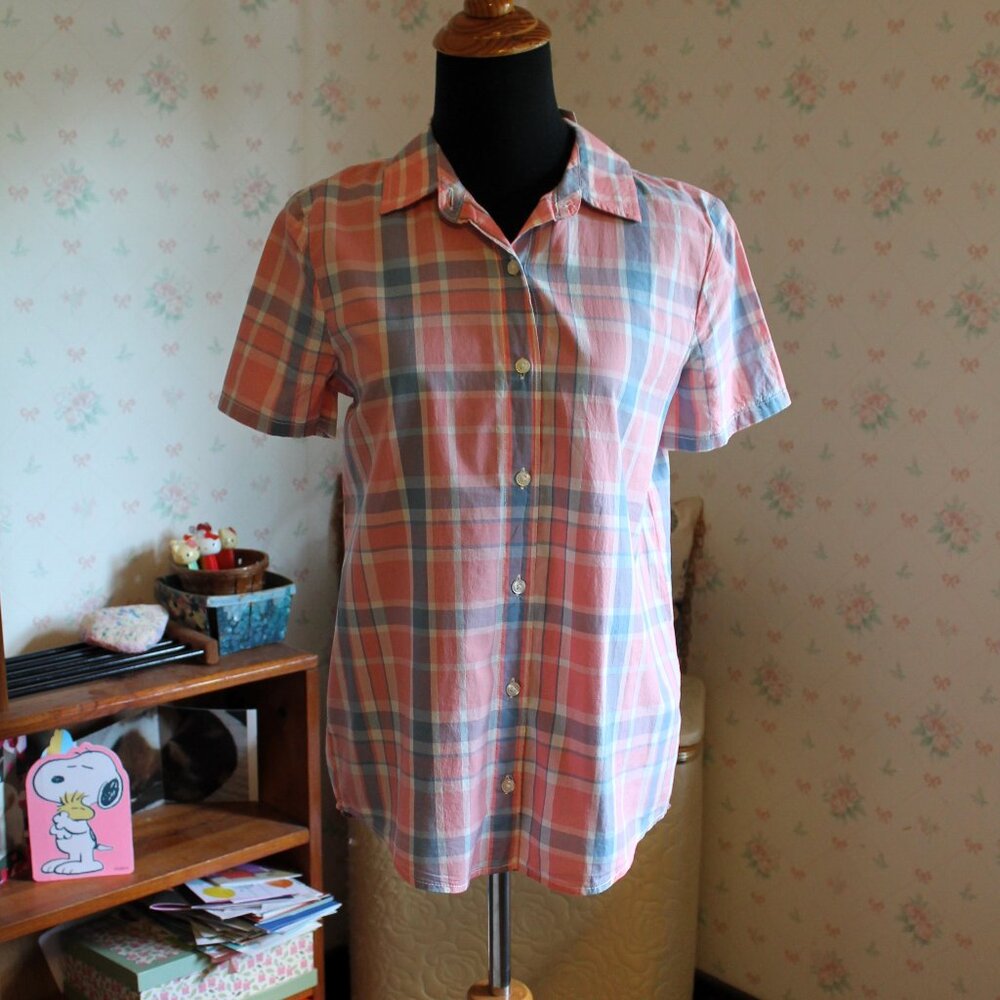 NWT G.H. Bass & Co. Plaid Short Sleeve Button Down Shirt, Pink/Blue, Women's XS